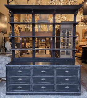 A piece of black polystyrene wood workshop furniture, circa 1900