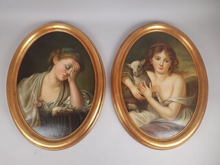 After Jean Batiste Gruze, pair of oil on canvas medallions 