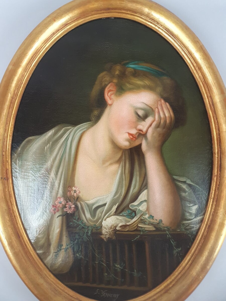 After Jean Batiste Gruze, pair of oil on canvas medallions 
