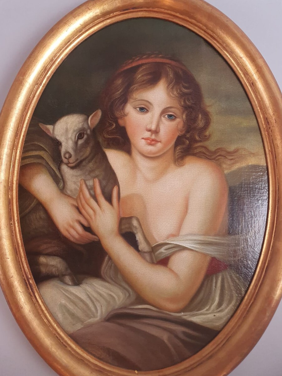 After Jean Batiste Gruze, pair of oil on canvas medallions 