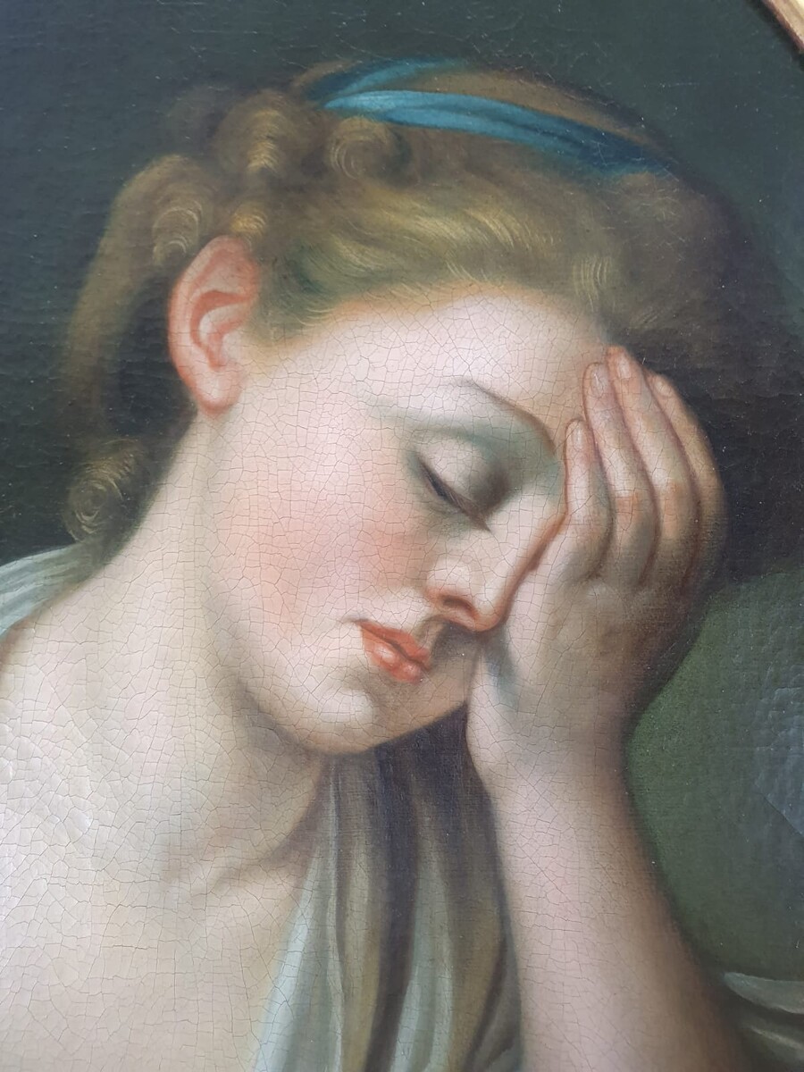 After Jean Batiste Gruze, pair of oil on canvas medallions 