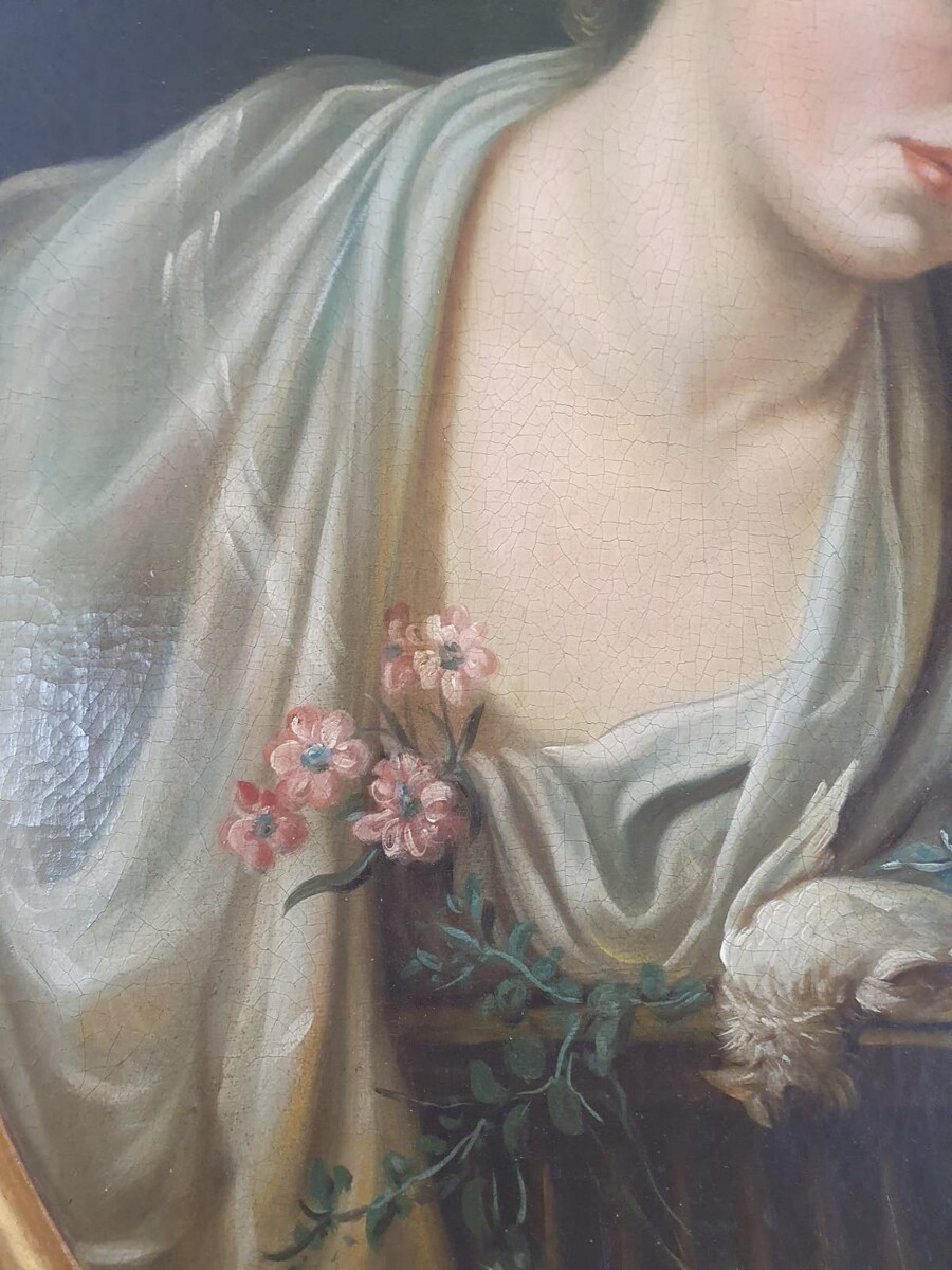 After Jean Batiste Gruze, pair of oil on canvas medallions 