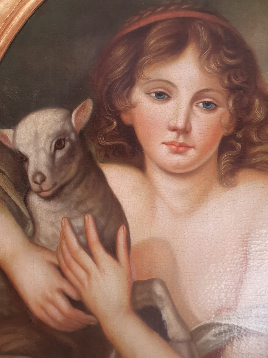 After Jean Batiste Gruze, pair of oil on canvas medallions 