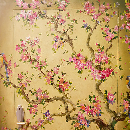 Arched Art Deco wooden wardrobe hand painted with floral and bird motifs