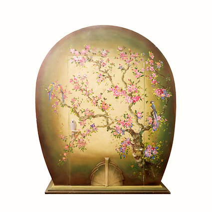 Arched Art Deco wooden wardrobe hand painted with floral and bird motifs