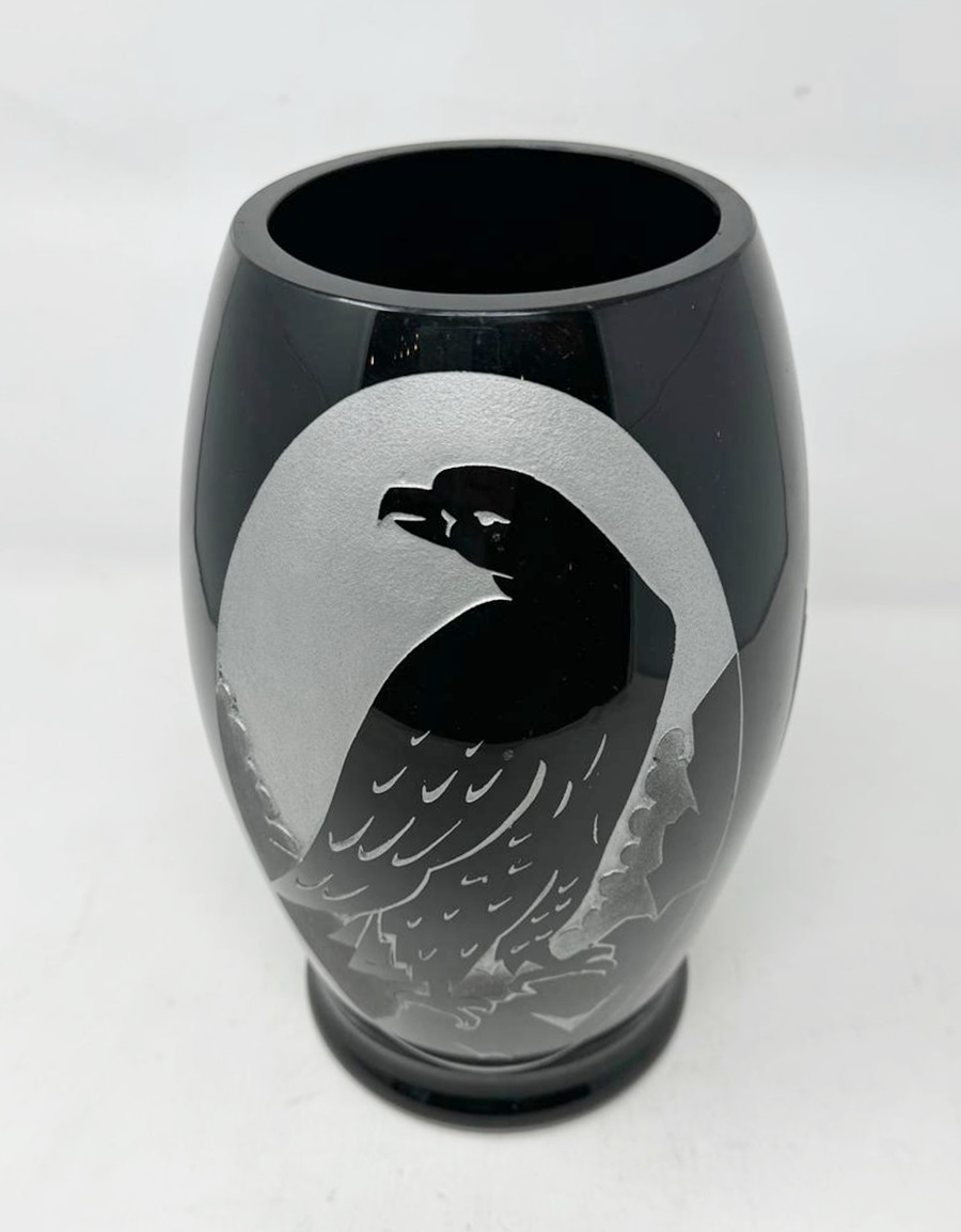 Ardver, vase with eagles, sand-cleared hyalite glass, Boom circa 1930