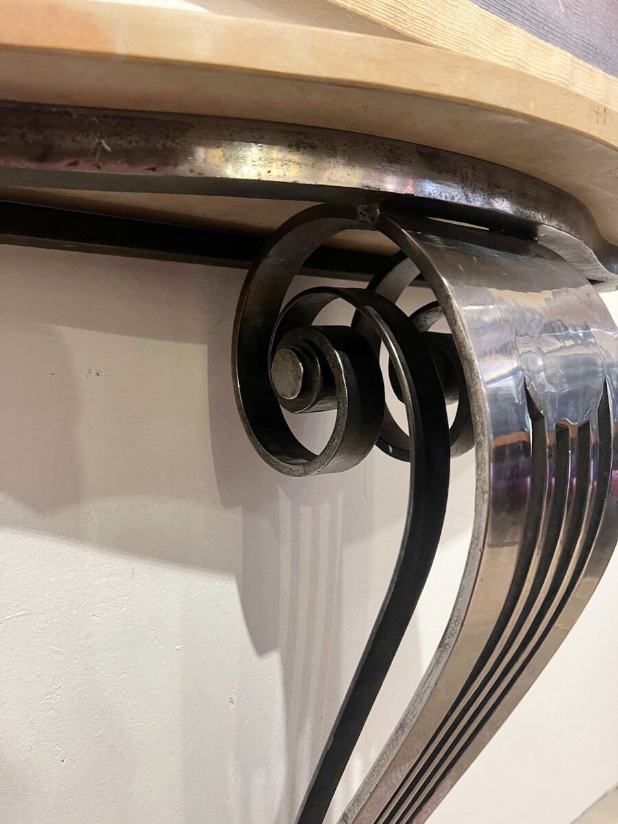 Art Deco console in wrought iron and marble
