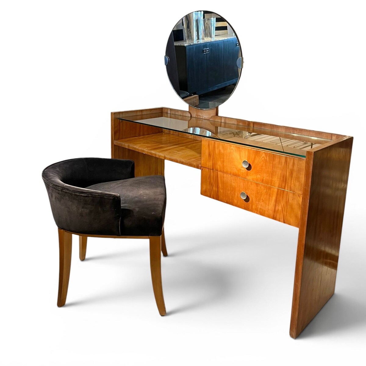 Art Deco walnut dressing table and armchair