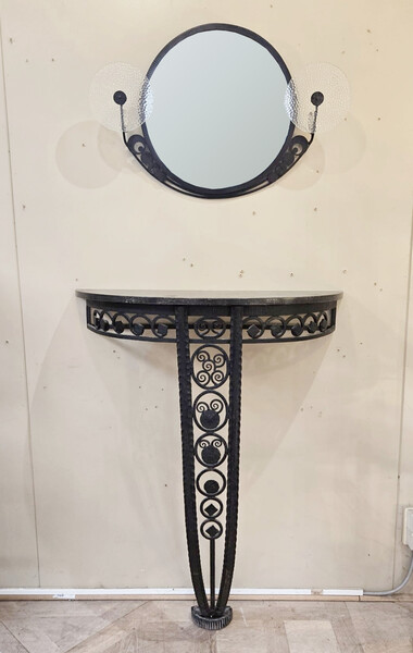Art Deco wrought iron console table and mirror, circa 1940