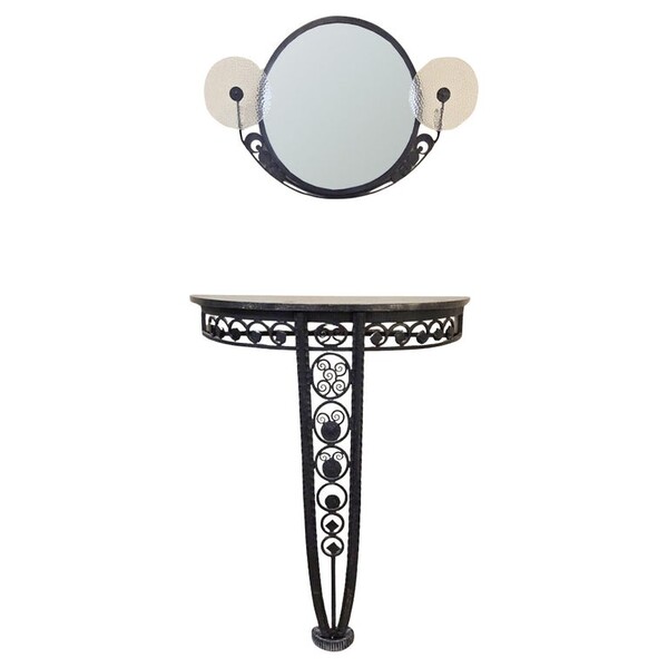Art Deco wrought iron console table and mirror, circa 1940