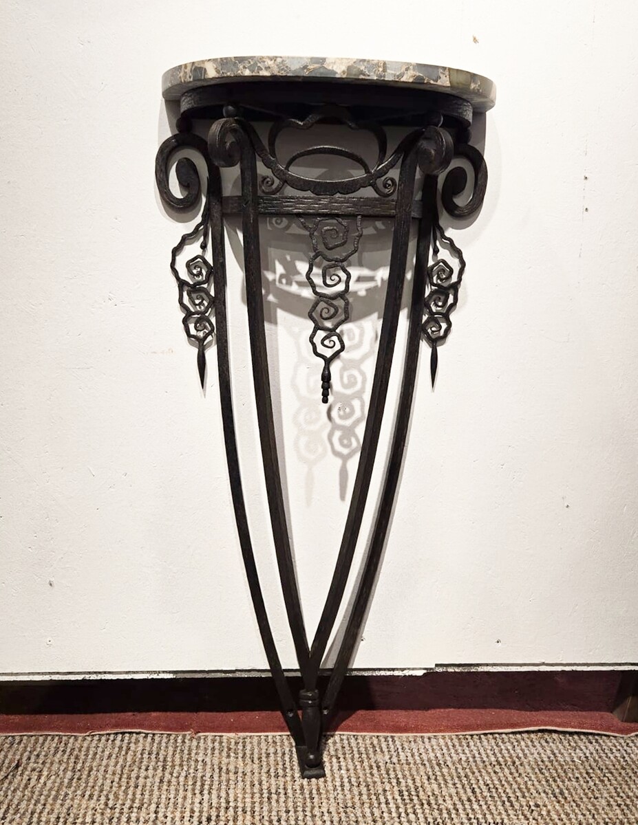 Art Deco wrought iron console with marble top