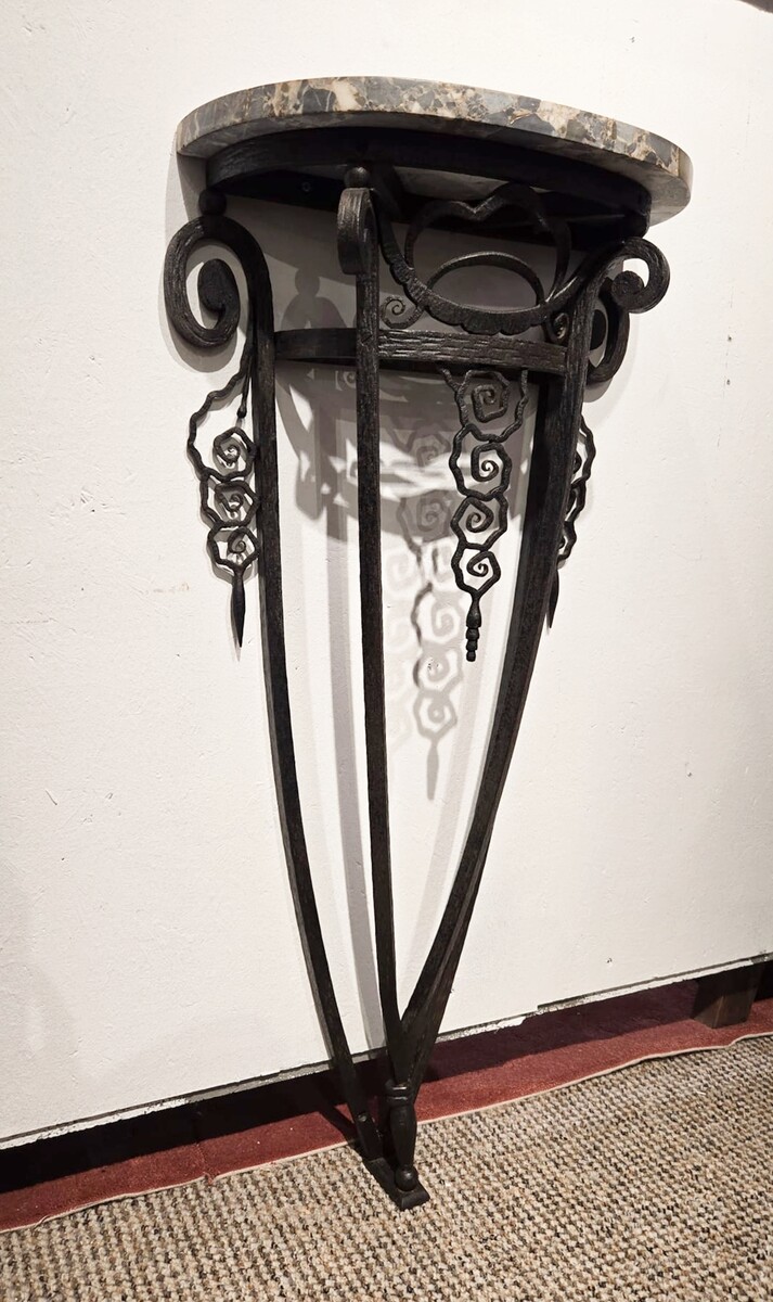 Art Deco wrought iron console with marble top
