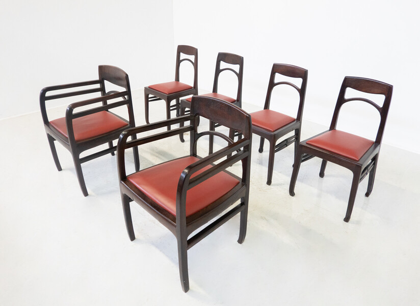 Art Nouveau Set of 6 Wood and Leather Armchairs by Richard Riemerschmid