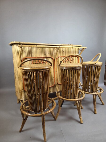 Attributed to Tito Agnoli, bamboo and rattan bar, with 3 matching stools, Italy, circa 1950