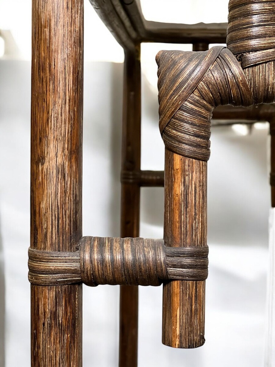 Bamboo console table with brass corners