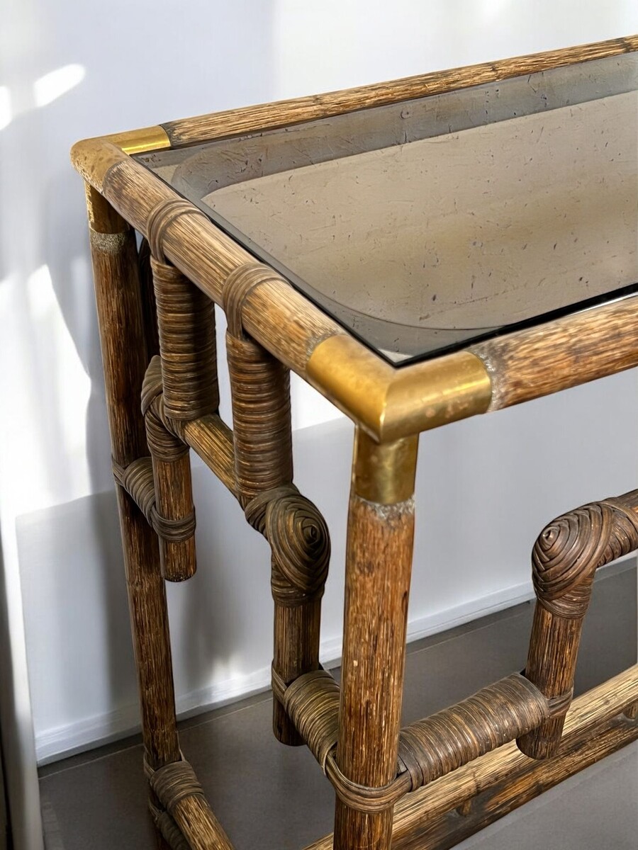 Bamboo console table with brass corners