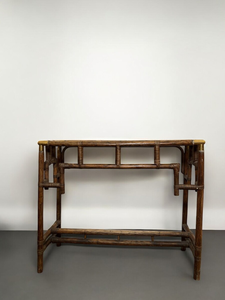 Bamboo console table with brass corners
