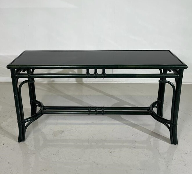 Bamboo-style console in green lacquered wood and black glass shelf, circa 1960