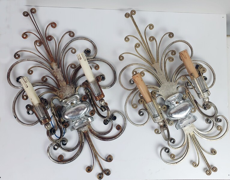 BANCHI, pair of silver wrought iron and glass wall lights, Italy circa 1940