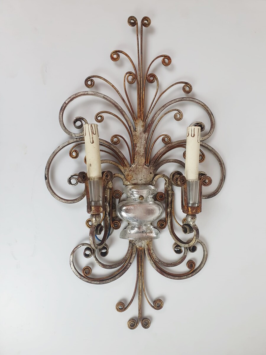 BANCHI, pair of silver wrought iron and glass wall lights, Italy circa 1940