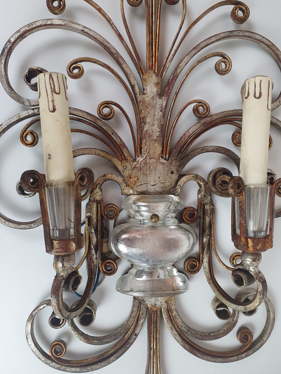 BANCHI, pair of silver wrought iron and glass wall lights, Italy circa 1940