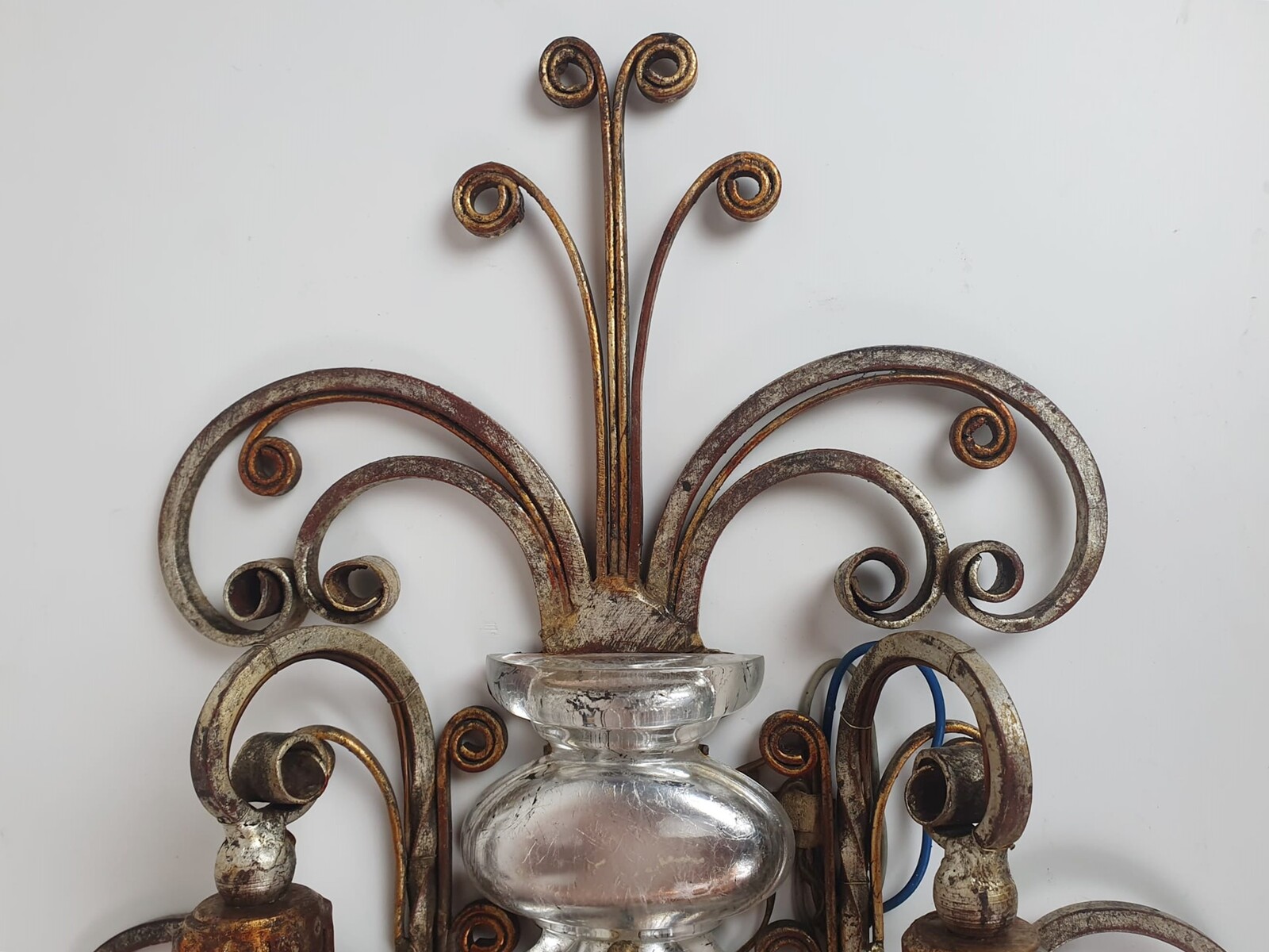BANCHI, pair of silver wrought iron and glass wall lights, Italy circa 1940