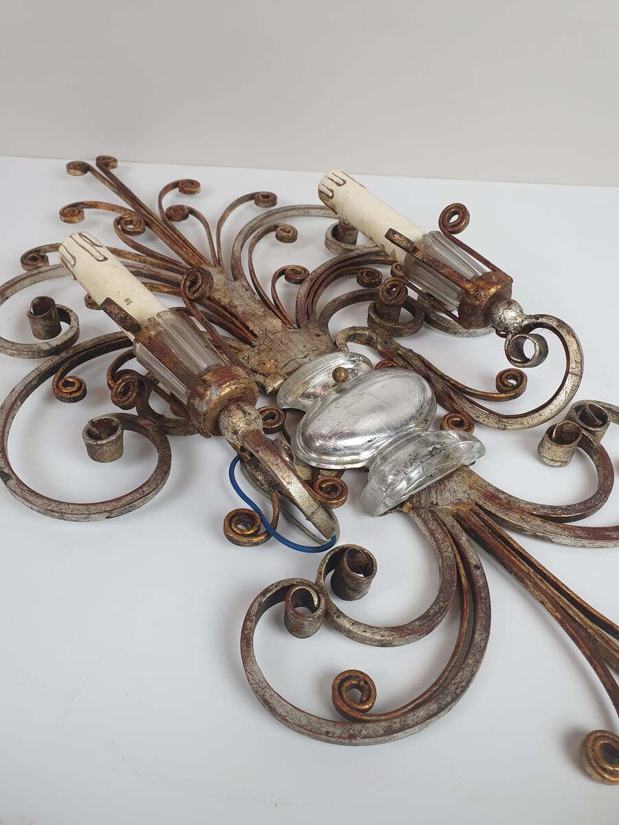 BANCHI, pair of silver wrought iron and glass wall lights, Italy circa 1940