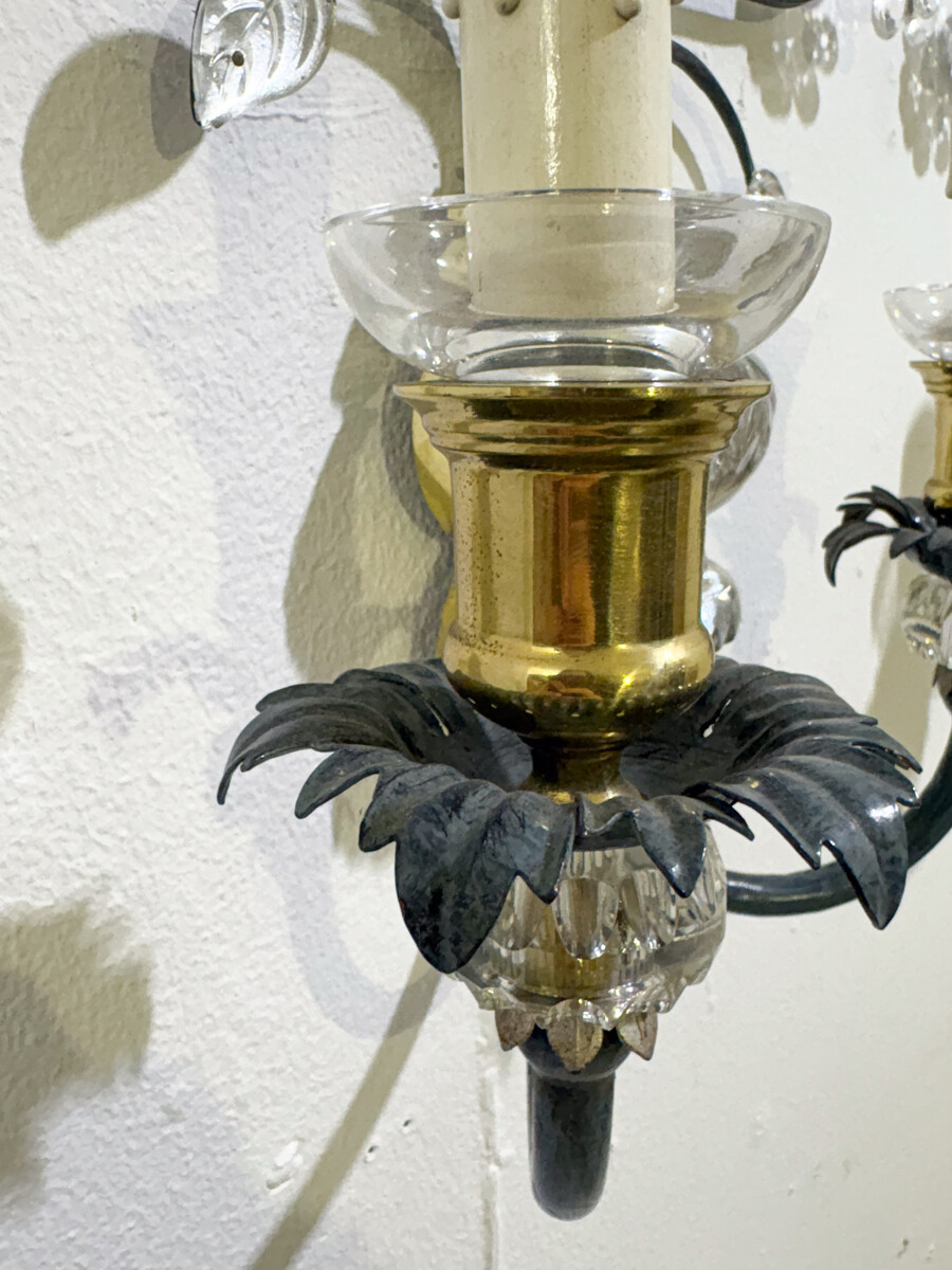 Banci Firenze, pair of wall sconces made of wrought iron, brass, and glass, Italy, circa 1970