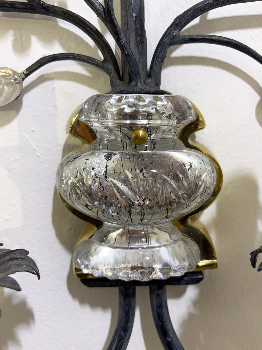 Banci Firenze, pair of wall sconces made of wrought iron, brass, and glass, Italy, circa 1970