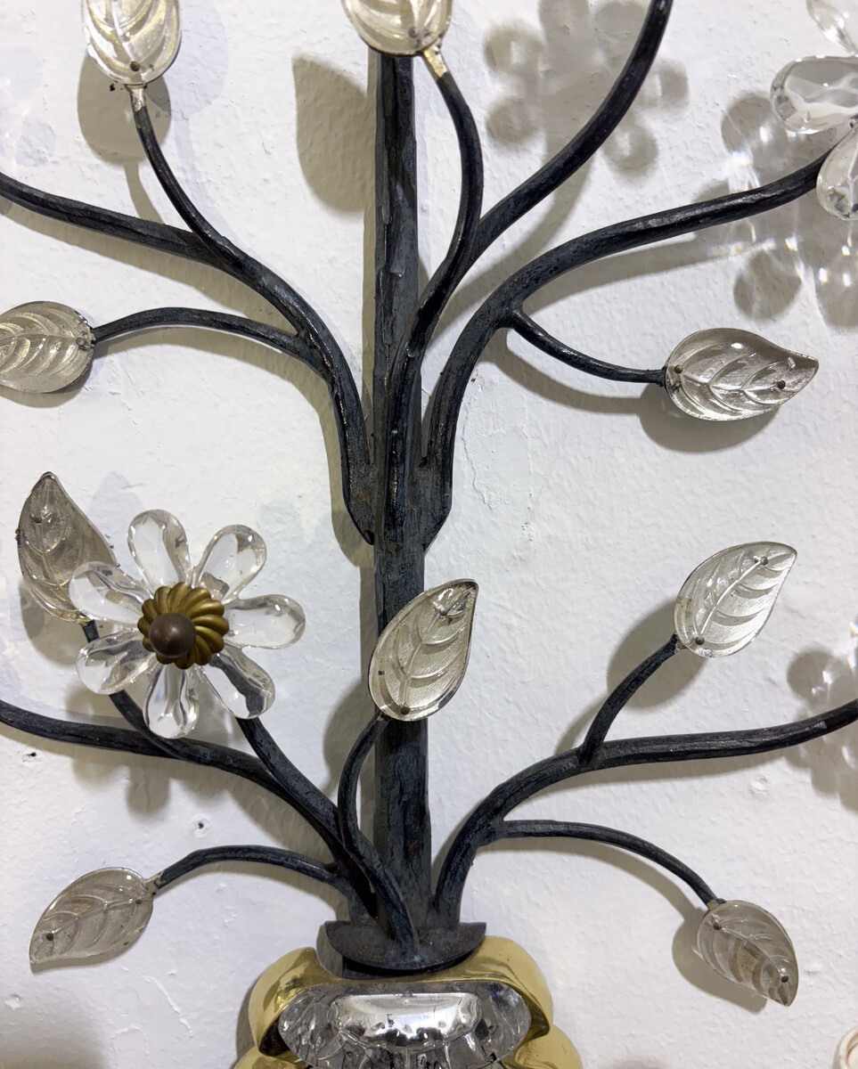 Banci Firenze, pair of wall sconces made of wrought iron, brass, and glass, Italy, circa 1970