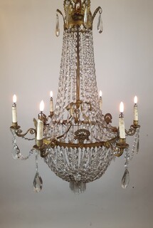 Beaded bag chandelier in bronze, brass and glass, 19th