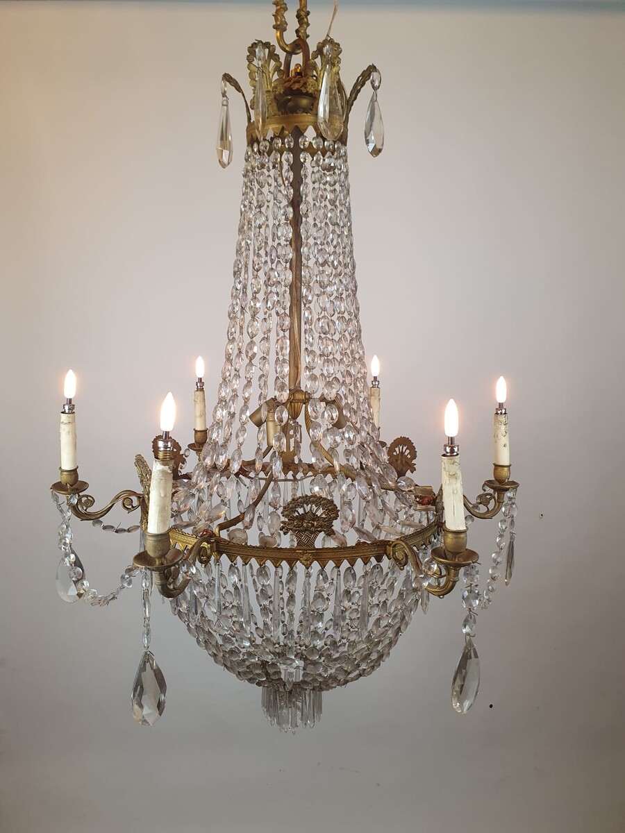 Beaded bag chandelier in bronze, brass and glass, 19th