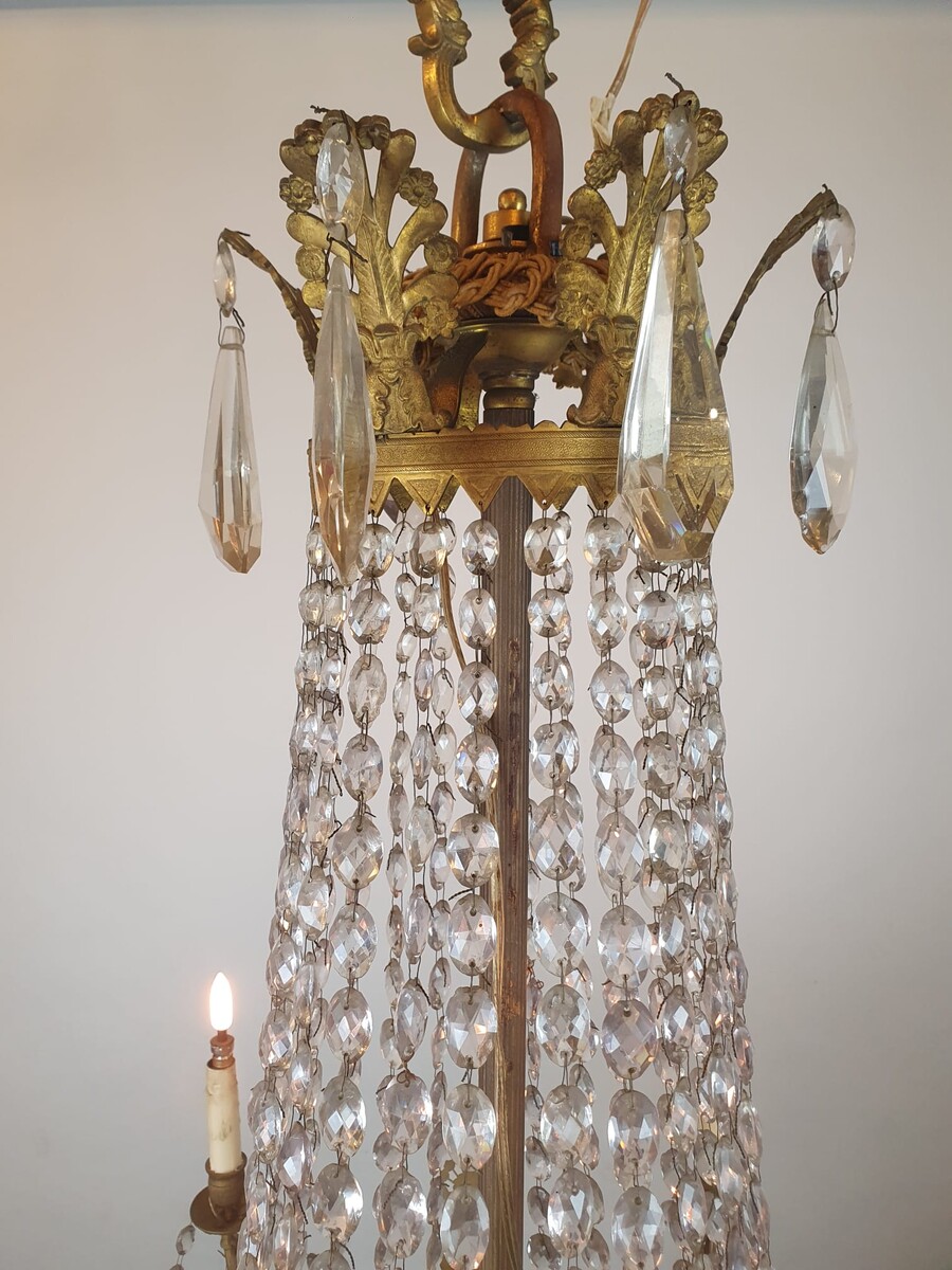 Beaded bag chandelier in bronze, brass and glass, 19th