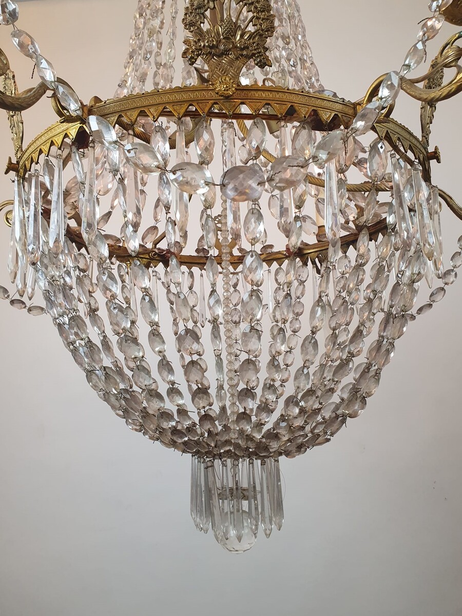 Beaded bag chandelier in bronze, brass and glass, 19th