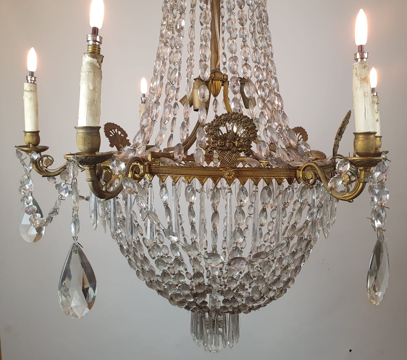 Beaded bag chandelier in bronze, brass and glass, 19th