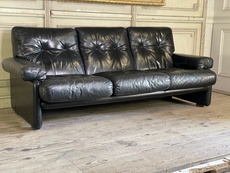 Black Leather Sofa In Coronado Style Circa 1980
