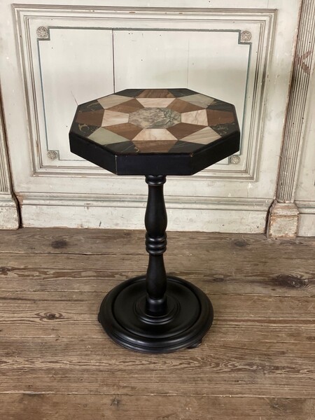 Black Patina Wooden Pedestal Table, Marble Marquetry Shelf