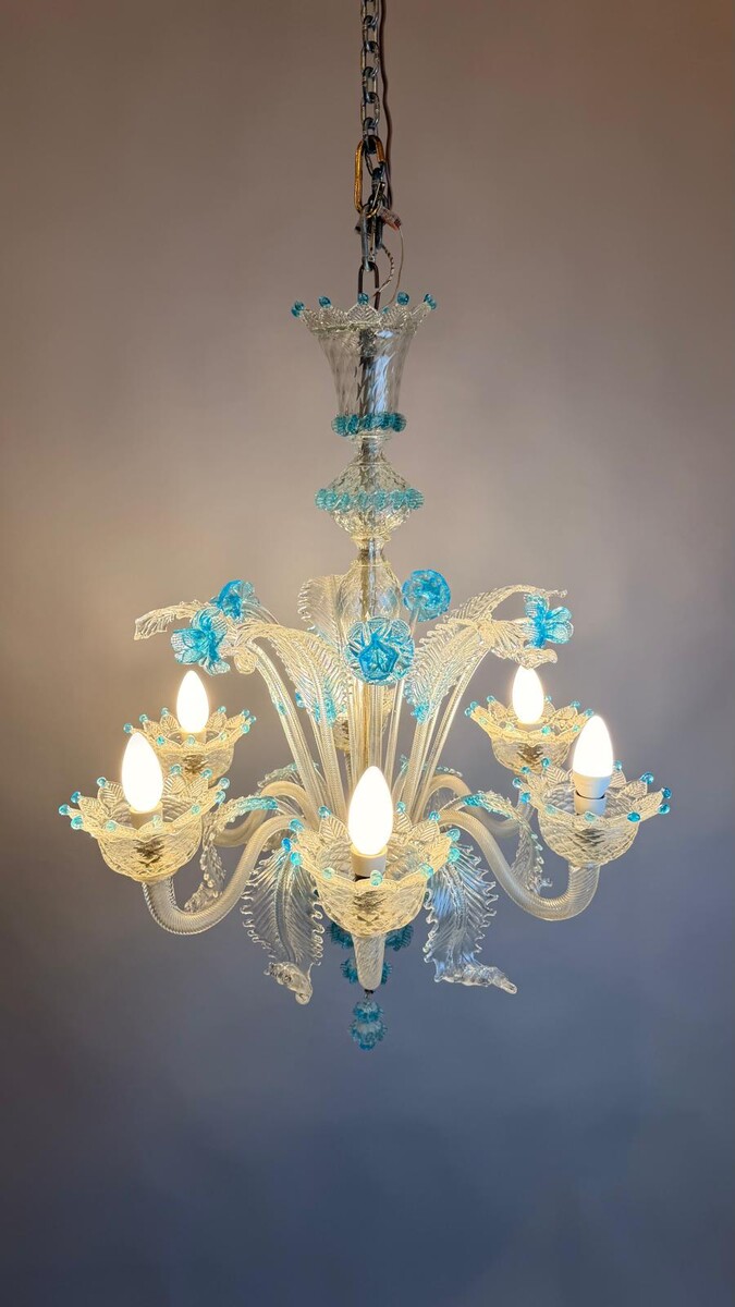 Blue-lined Murano glass chandelier