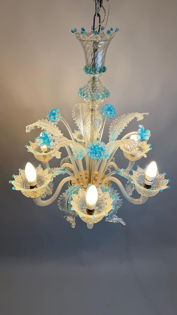 Blue-lined Murano glass chandelier
