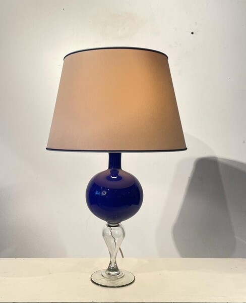 Blue Murano glass lamp and translucent white glass base circa 1960