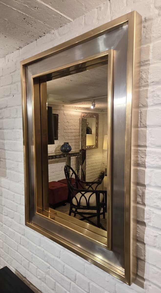 Brass and brushed steel mirror, circa 1970