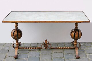 Bronze coffee table with eglomised glass top, circa 1940