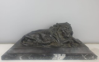 Bronze with green patina on marble base 