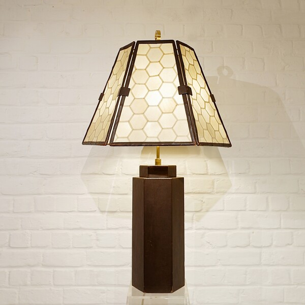 Brown Leather lamp and parchment lampshade, circa 1970