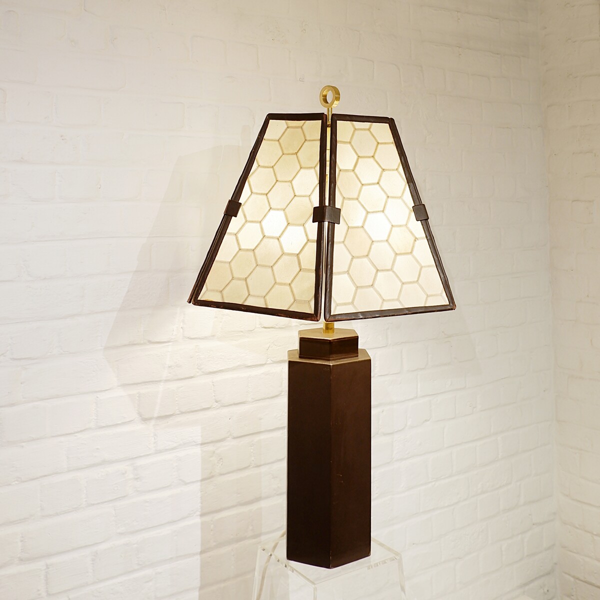 Brown Leather lamp and parchment lampshade, circa 1970