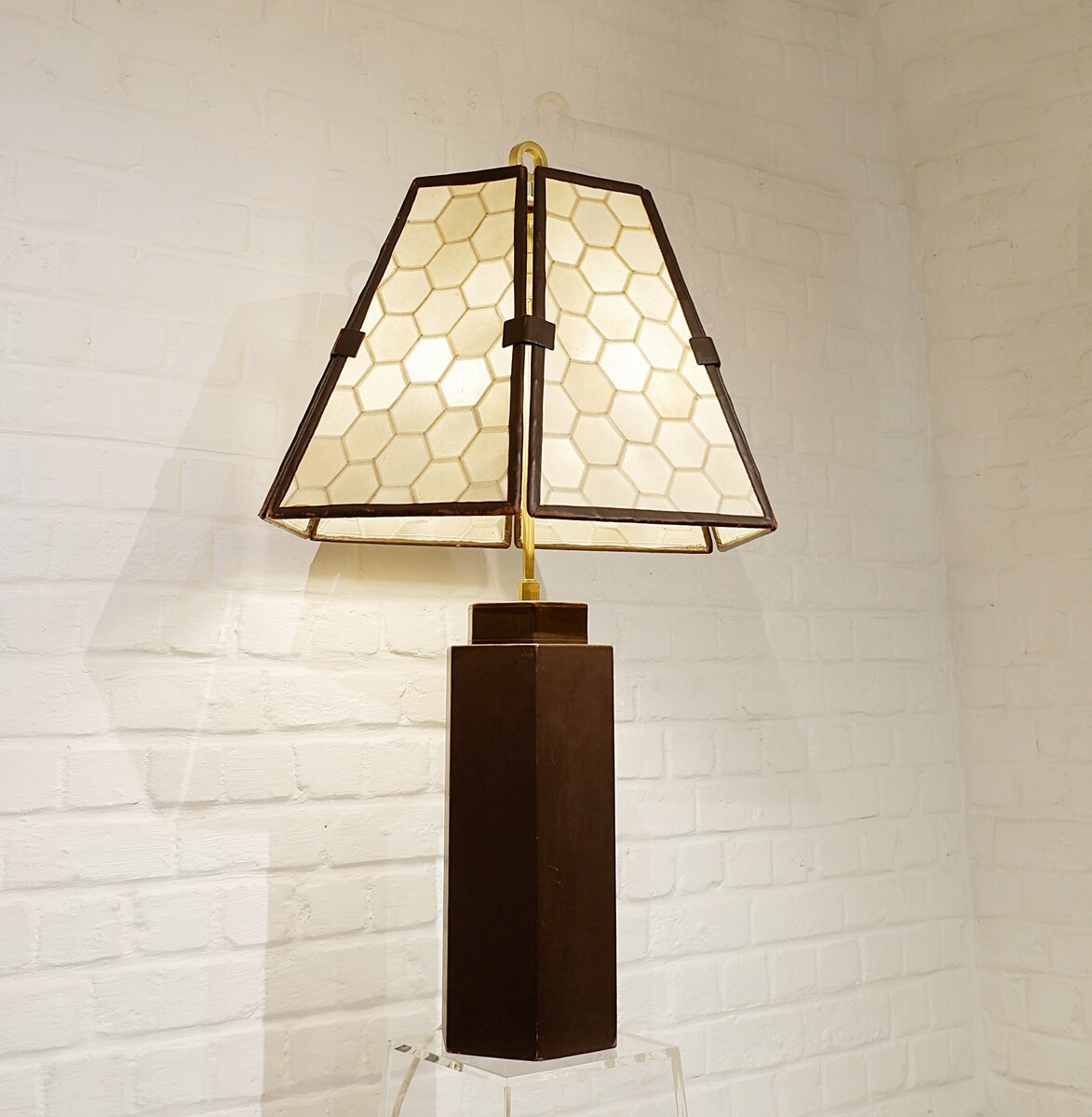 Brown Leather lamp and parchment lampshade, circa 1970