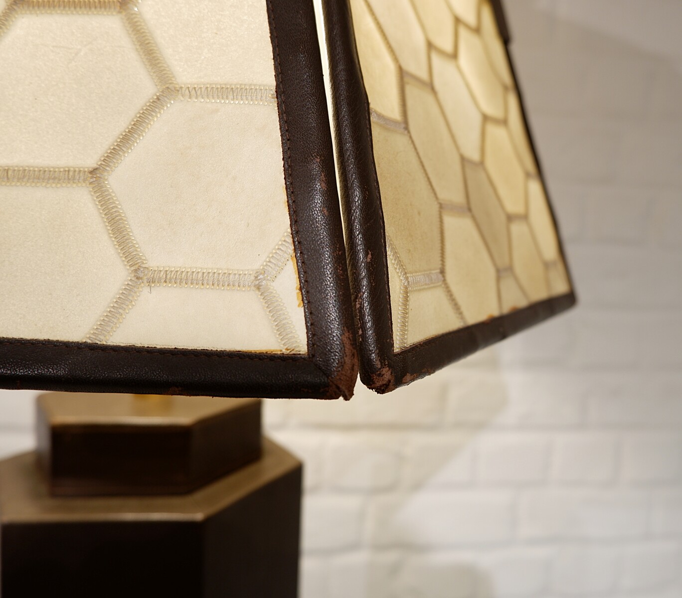 Brown Leather lamp and parchment lampshade, circa 1970