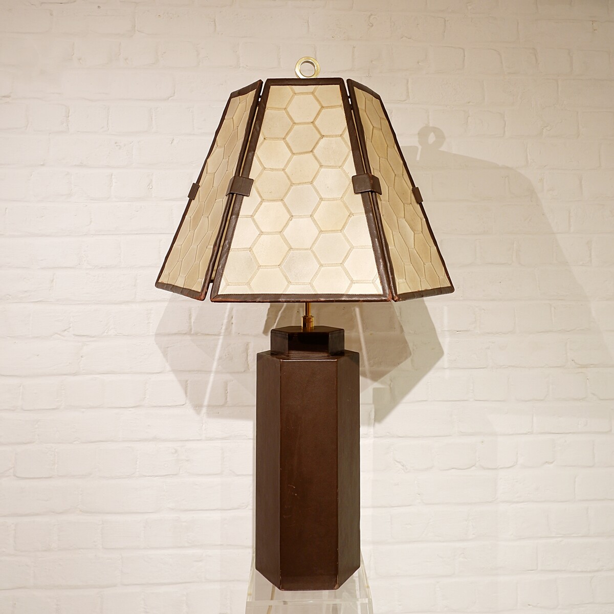 Brown Leather lamp and parchment lampshade, circa 1970