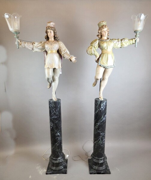 Carved and polychromed wood torchères on cast-iron columns, late 19th century