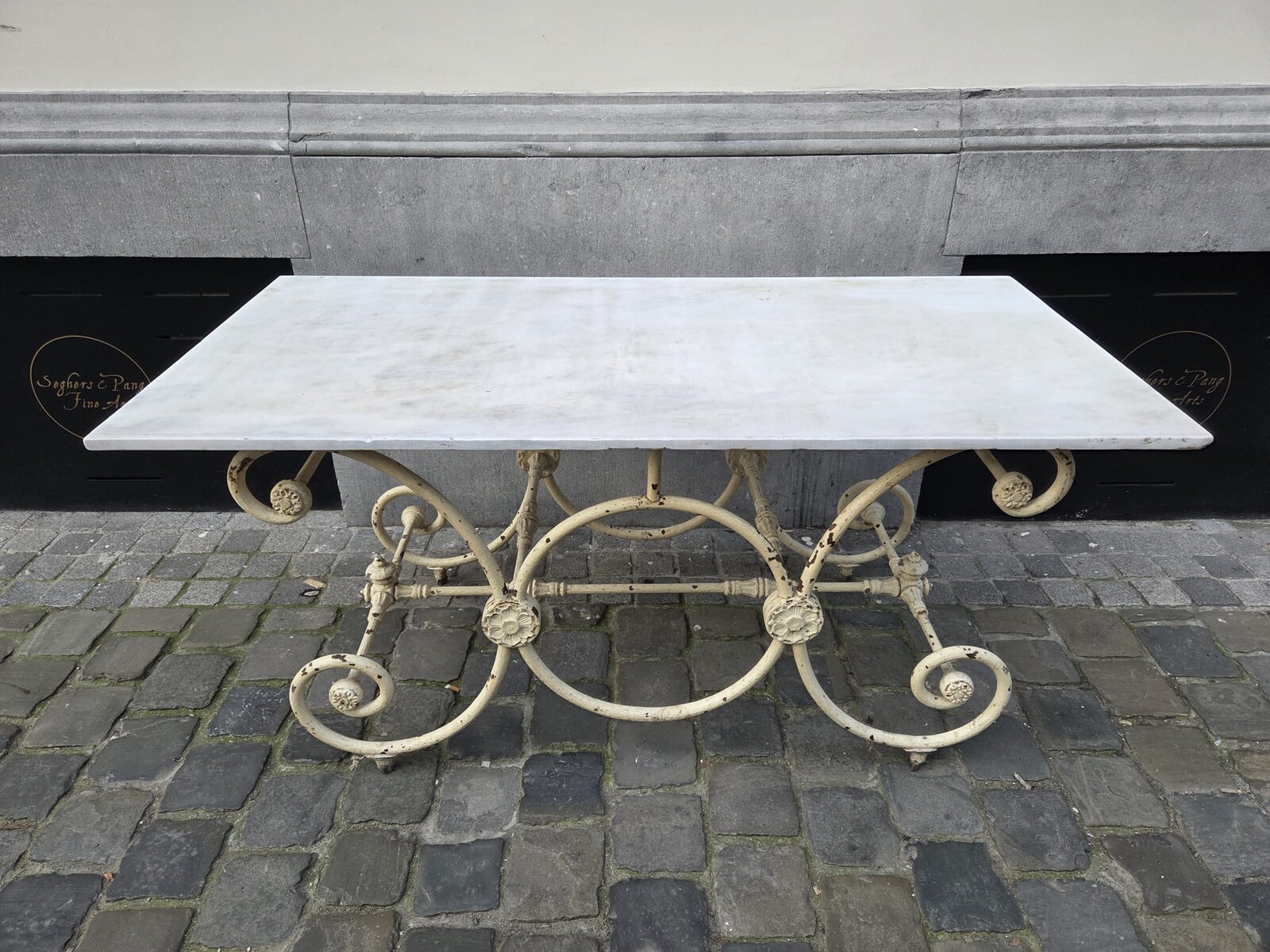 Cast iron butcher's table with marble top, late 19th century